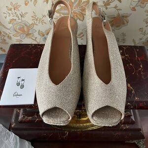 Castaner Glitter Gold Peep-Toe Slingback Wedges